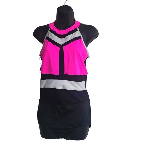 Kandi Kouture Other - Kandi Kouture Neon Pink Black White Colorblock Dance Leotard AL High Neck Mesh